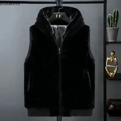 2026 Autumn Winter Men's Thicked Golden Velvet Warm Vest Fashion Solid Sleeveless Zipper Hooded Jacket Fake Fur Couple Waistcoat