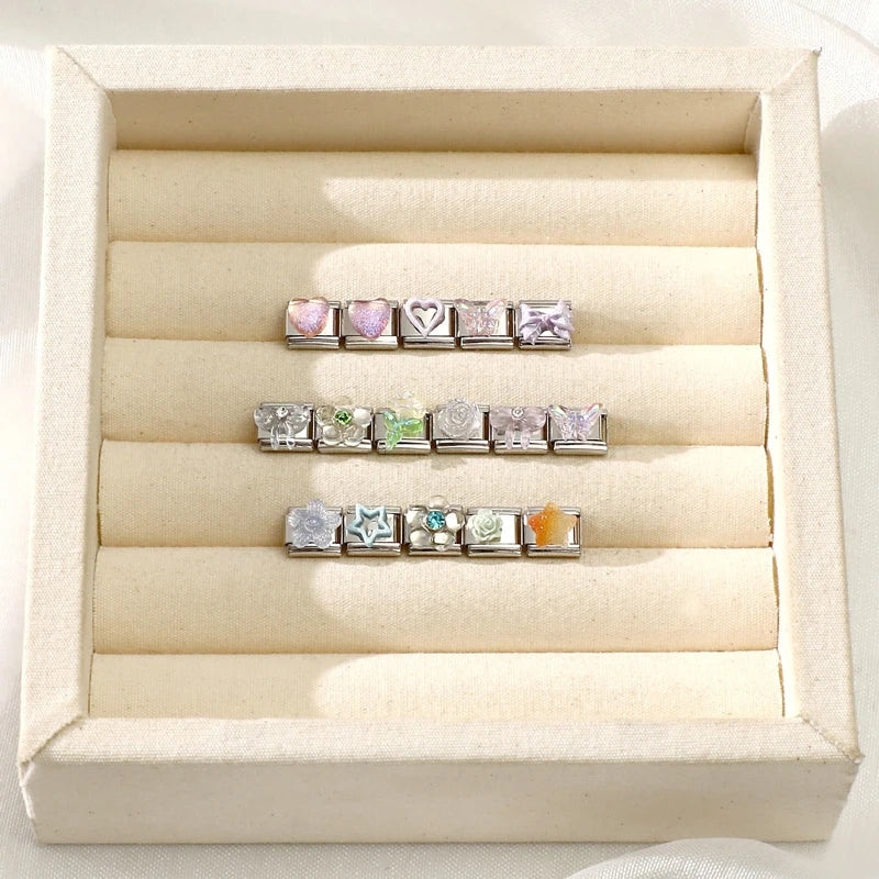 Fashion Heart Bow Knot Butterfly Star Rose Flowers Italian Charm Links Fit 9mm Stainless Steel Bracelet Women DIY Making Gift