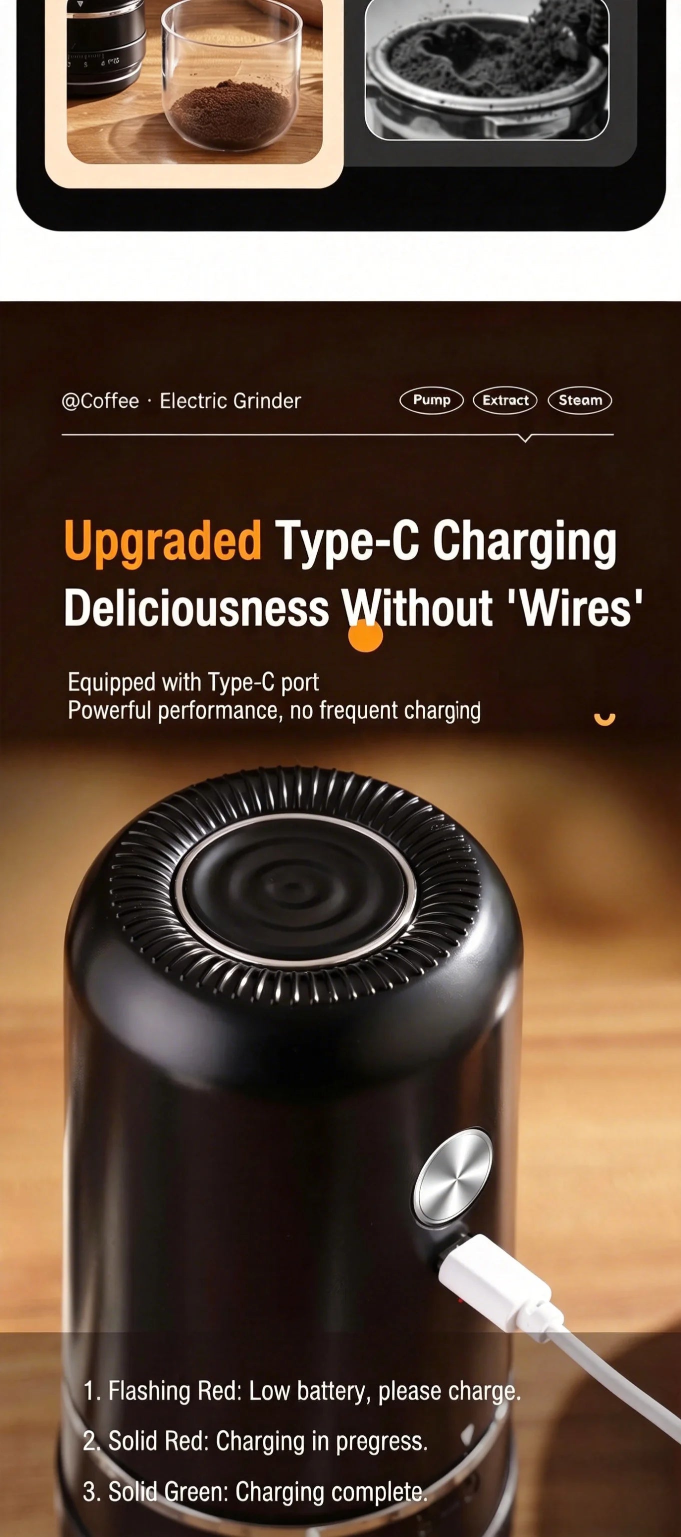 Portable Rechargeable Electric Coffee Grinder, External Adjustable Grind Mill for Espresso & Hand Pour Coffee