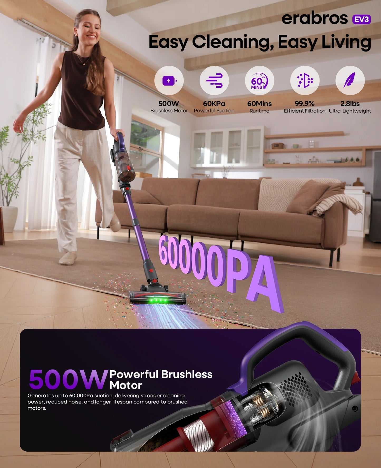 Erabros EV3 Cordless Vacuum Cleaner 500w 60Kpa Suction Power 60mins Cordless Vacuum Handheld Smart Home Dust Mug 3 Suction Model