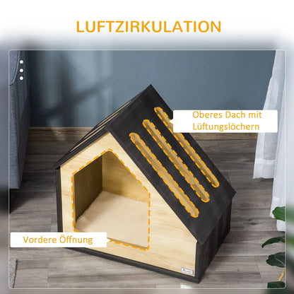 Wooden Pet House Indoor Cat Cave & Dog Bed with Removable Washable Cushion, Small Dog House for Dogs up to 8kg, 60x40x59.2cm, Stylish MDF Furniture with Ventilated Roof
