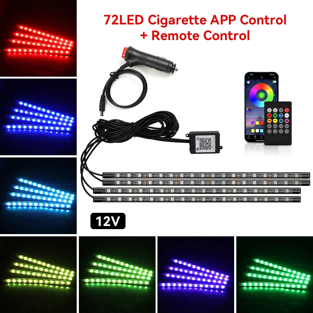 Neon Car Interior Ambient Foot Light with USB Wireless Remote Music App Control RGB 48 LED Atmosphere Decorative Lamp