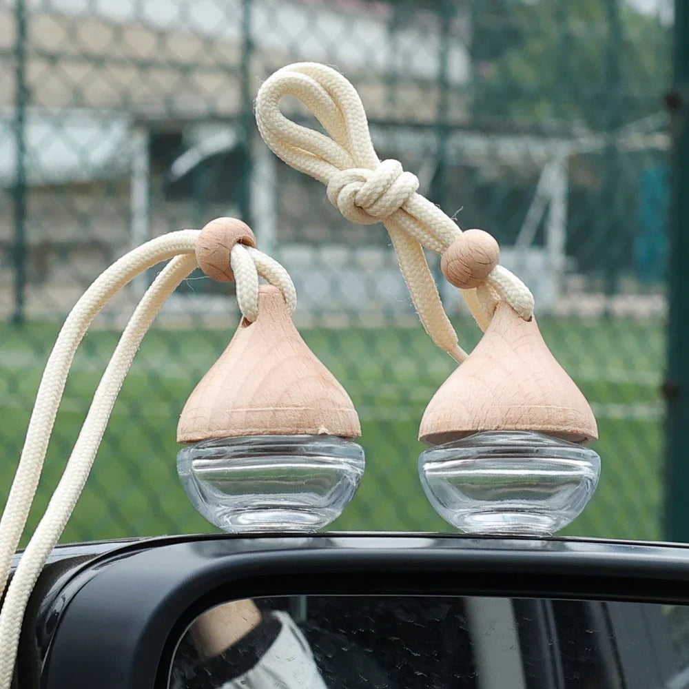 6ML Empty Car Air Freshener Pendant Perfume Glass Bottle With Wooden Caps Refillable Car Essential Oil Diffuser Bottle