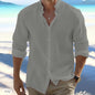 Men's Long-Sleeved Cotton Linen Summer Hot Sale Beach Style Shirts Solid Color Casual Versatile Stand-Up Collar Shirt Male Top