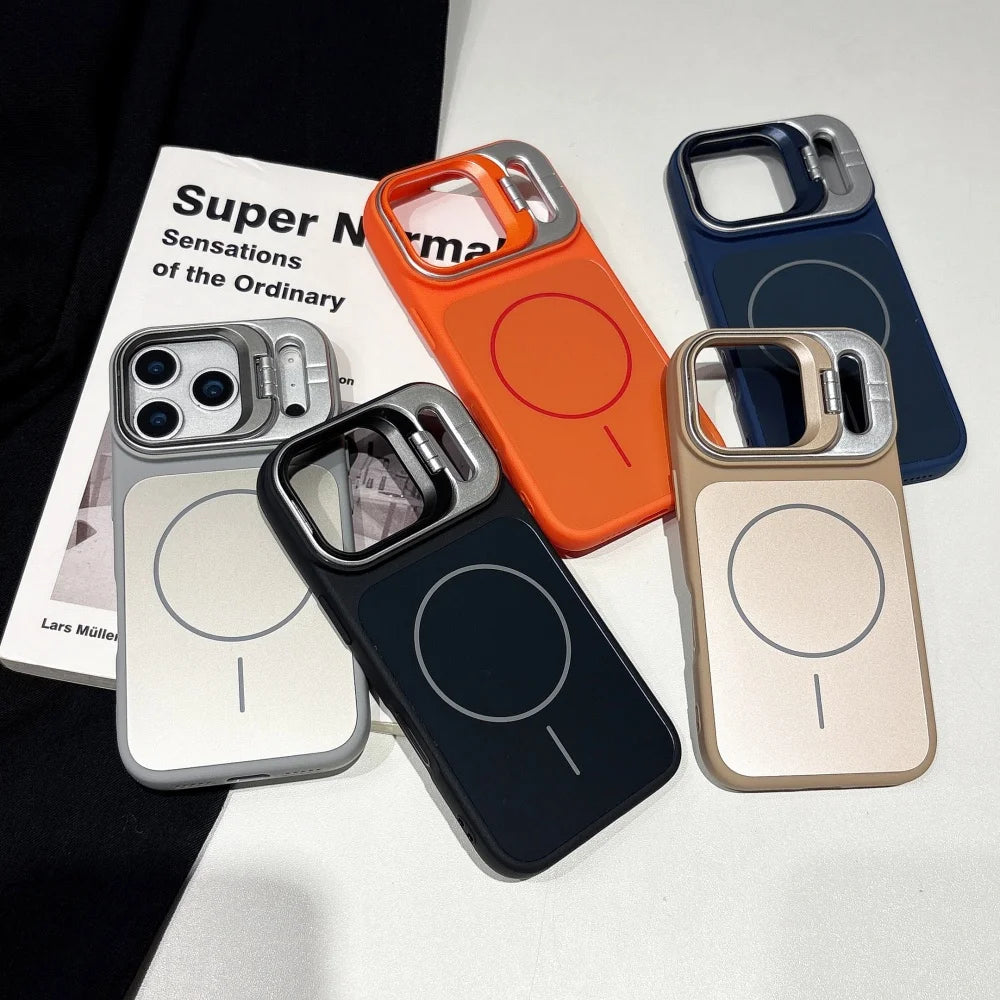 Alloy Lens Camera Holder Cases For iPhone 17 16 15 14 13 12 11 Pro Max For Magsafe  Magnetic Stand Hard PC Wireless Charge Cover