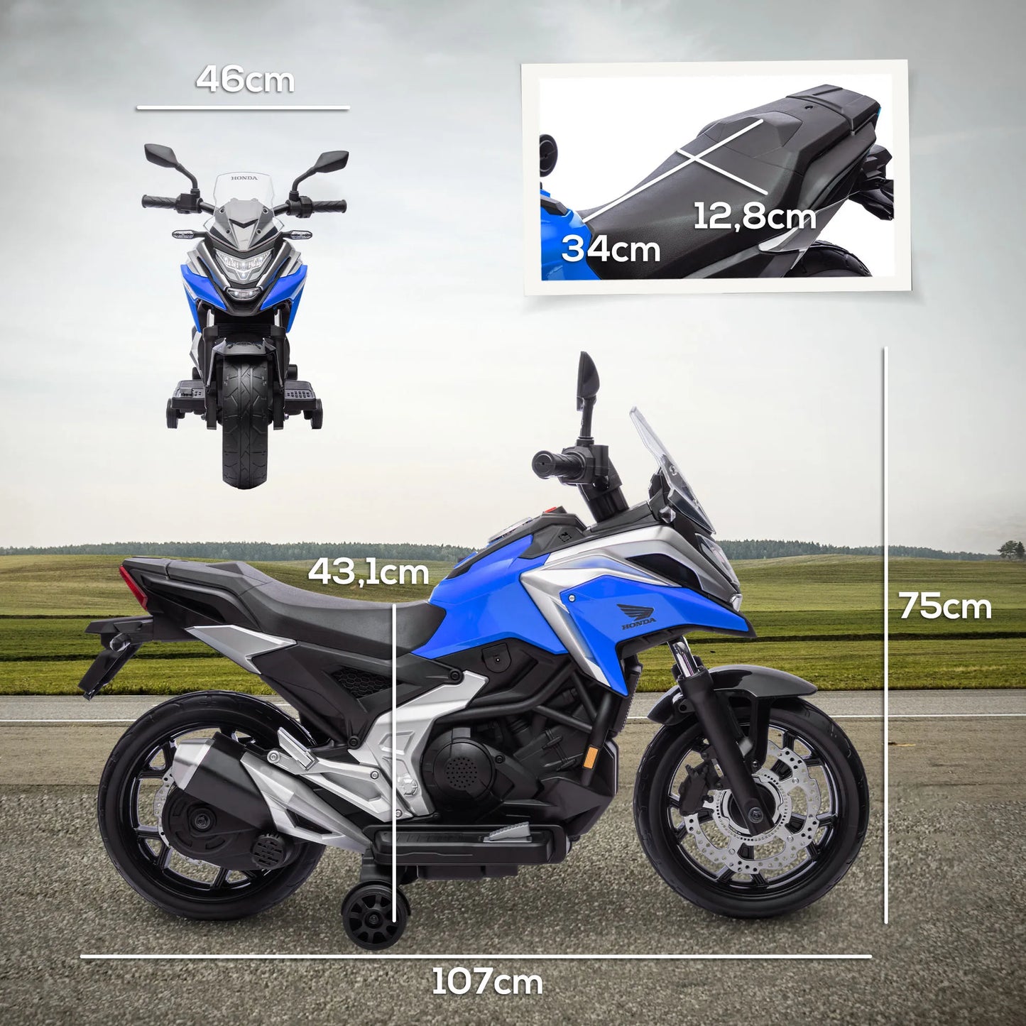The electric motorcycle for children is equipped with two engines. Children aged 3 to 6 years can drive the motorbike with music and head. The size is 107x46x75cm and the load is 30kg.