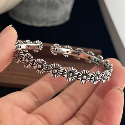 100% Solid 925 Sterling Silver Retro Bracelet for Women Men Vintage Handmade Flower Patern Bracelet Birthday Gift