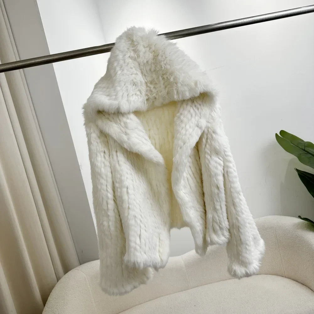 2024 Short Rabbit Fur Coat for Women Autumn Winter New Encrypted Thickened Handmade Double-sided Woven Hooded Korean Style