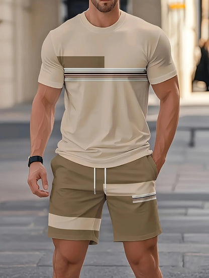 2026 Summer New Arrival Men's Casual Two-Piece Set Striped Print Short-Sleeve Shirt and Athletic Shorts Set Men's Fitness Set