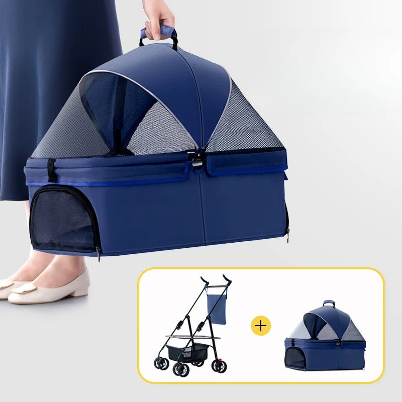 4 Wheel Foldable Pet Stroller Detachable Carrier for Small Dogs Cats, Lightweight Travel Pet Cart with Breathable Mesh
