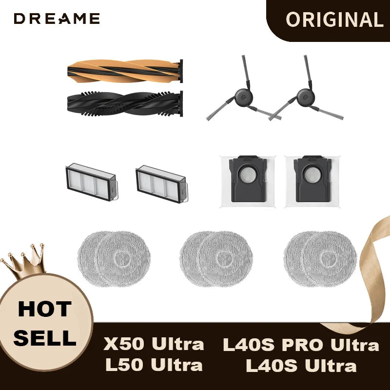 Original Dreame X50 Ultra Robot Vacuum Accessories Set – 1 Dual Roller Brush, 2 Side Brush, 2 Filter, 6 Mop Pad, 2 Dust bag
