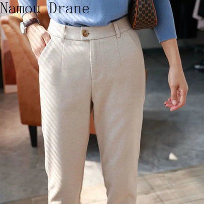 Woolen Pants Women's Harem Pencil Pants 2023 Autumn Winter High Waisted Casual Suit Pants Office Lady Women Trousers
