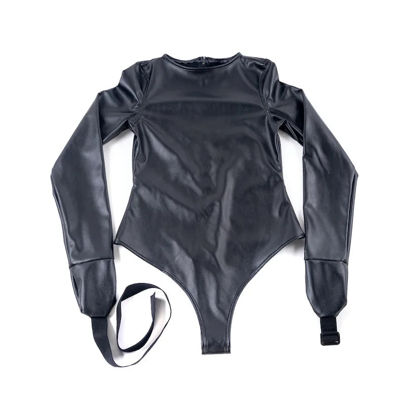 Leather Long Sleeve Bodysuit Straight Jacket with Crotch Strap,SM Game Bondage Armbinder Harness,Slave Role Costume BDSM Sex toy