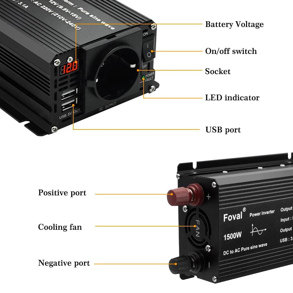 Pure Sine Wave Inverter DC 12V to AC 220V 230V 1500W/2200W/2600W/3000W Voltage Transfer Converter EU Socket Auto Accessories
