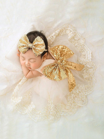 2pcs Newborn Photography Clothing Set Baby Girls' Princess Embroidered Mesh Dress Bowknot Lace Princess Skirt For Photo Shoot