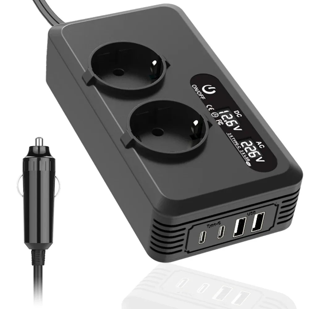 200W Car Power Inverter 12V DC To 220V AC With Dual EU Outlets, Dual USB, Dual Type-C Ports, LCD Display