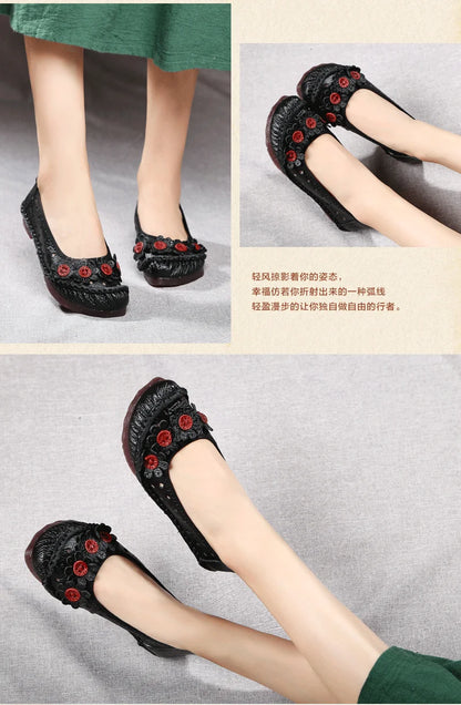 Vintage Flower Moccasins Woman Genuine Leather Ballet Flats Ladies Hollow Slip Ons Women's Luxury Loafer Purple Walking Shoes 42