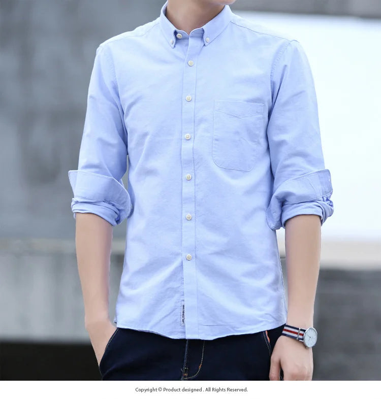 Classic Fit Cotton Full Casual Shirts for Men Solid Color Long-Sleeve Plain Shirt Single Pocket Top Soft Slim Fit Formal Clothes