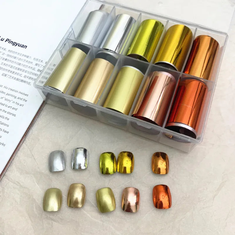 10 Patterns New Metal Nail Foils for Transfer Paper Stickers Floral Chameleon Nails Wraps DIY Water Marble Nail Art Decorations