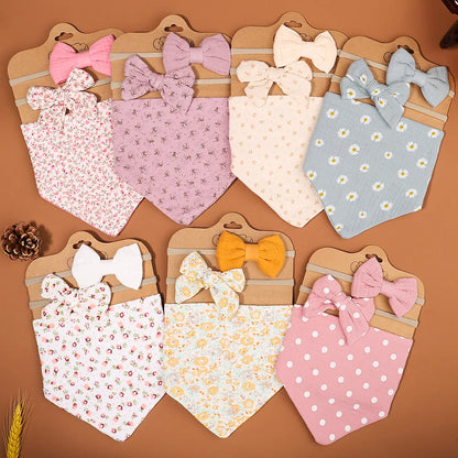 3Pcs/Set Muslin Cotton Print Bib Newborn Bows Headband Triangle Saliva Towel Infant Boy Girl Feeding Burp Baby Hair Accessories