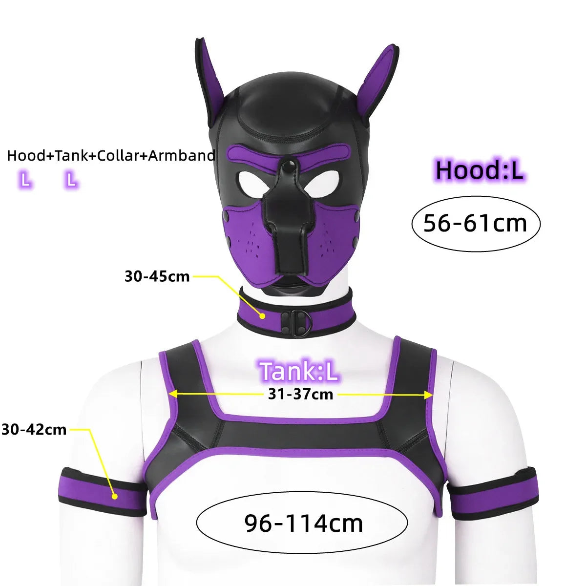 XL Large Size Puppy Cosplay Neoprene Fetish Hood Mask Kit with Chest Strap Collar Armband Sex Costumes for Bdsm Slave Role Play