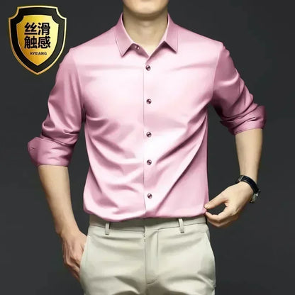 S-6XL Men's Long Sleeve Shirt Luxury Wrinkle Resistant Pure White Shirt Business Dress Casual Ice Silk Glossy Shirt