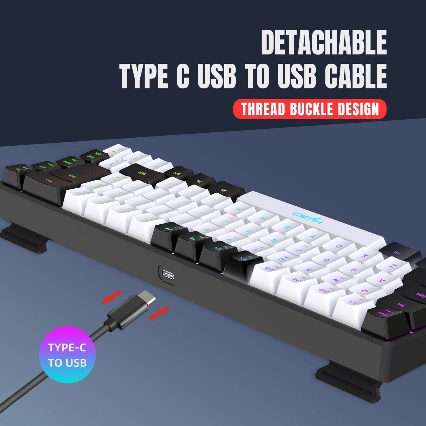 68 Keys Gaming Keyboard USB Wired Portable 20 RGB Backlight Keyboard Black and White Keycaps for Windows Laptops Computer