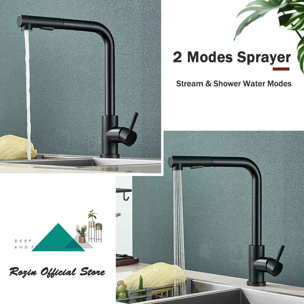 Rozin Flexible Gourmet Kitchen Faucet Black Pull Out 2 Ways Nozzle Faucets 360° Rotation Hot Cold Water Sink Mixer Tap SUS304
