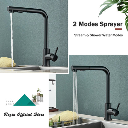 Rozin Flexible Gourmet Kitchen Faucet Black Pull Out 2 Ways Nozzle Faucets 360° Rotation Hot Cold Water Sink Mixer Tap SUS304