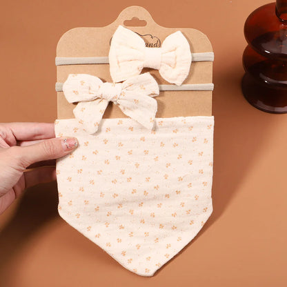 3Pcs/Set Muslin Cotton Print Bib Newborn Bows Headband Triangle Saliva Towel Infant Boy Girl Feeding Burp Baby Hair Accessories