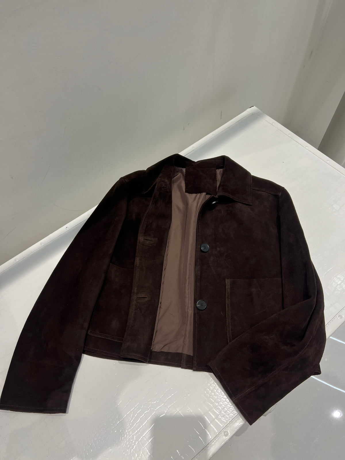 European Imported Kid Suede Leather Jacket for Woman High Grade Turn Down Collar Pocket Short Cropped Coat Long Sleeve Top Mujer