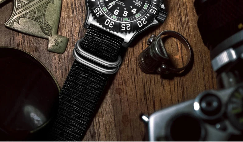 Addies Dive Men Fashion Casual Watch Calendar Display 50m Waterproof Tube Luminous Watch Black Dial Rotating Bezel Quartz Watch