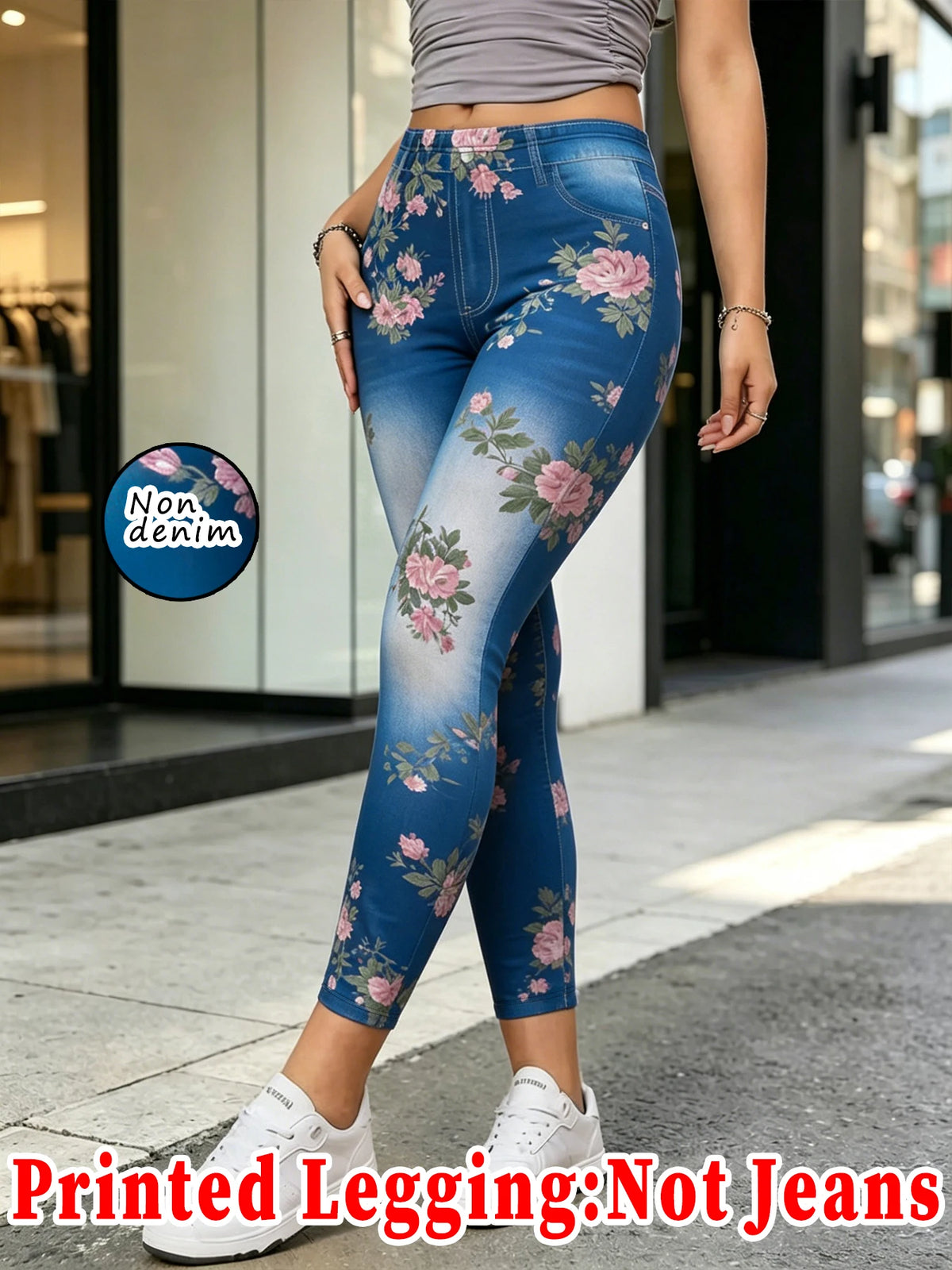 【Non-Denim】Women's Faux Denim Print Leggings, Sports Casual Skinny Pants, Thin Soft Skin-Friendly Yoga Pants, All-Season Long Pa