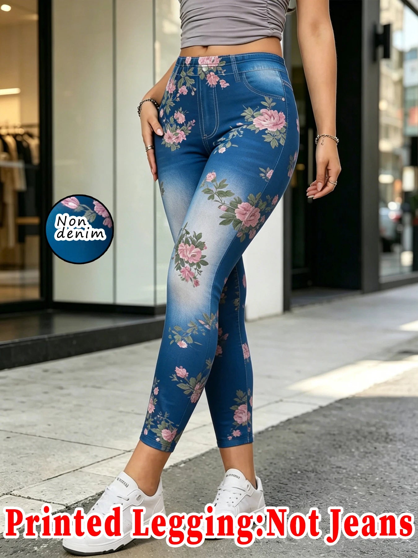 【Non-Denim】Women's Faux Denim Print Leggings, Sports Casual Skinny Pants, Thin Soft Skin-Friendly Yoga Pants, All-Season Long Pa