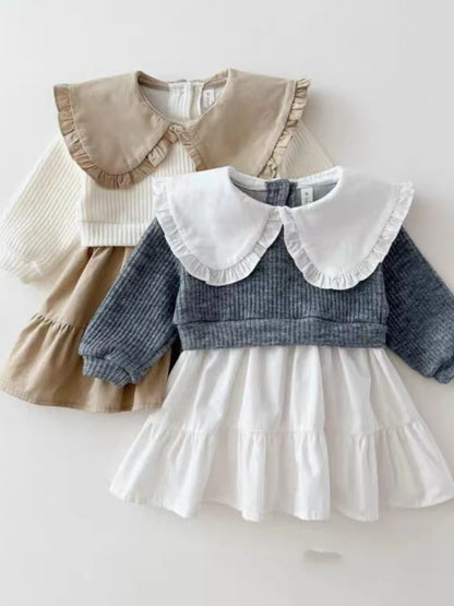Q2731 Korean Style Girls' Turn-down Collar Dress Pure Autumn Collection Princess Skirt Color Block Design Children's Apparel