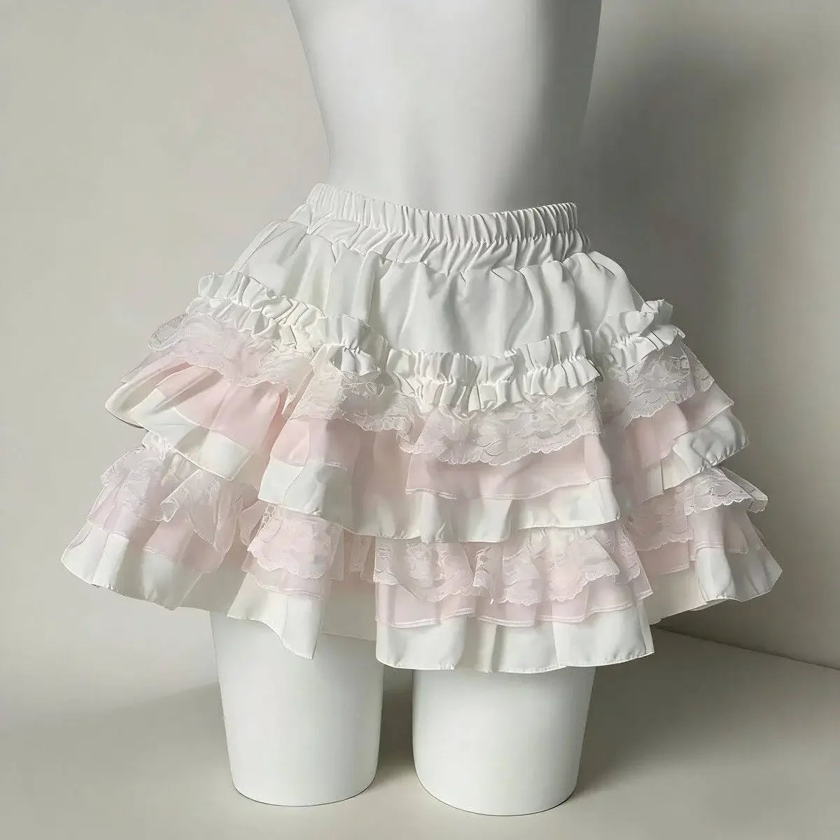 Lolita Tiered Ruffle Mini Skirt with Lace Trim Kawaii Cake Skirt Women Sweet Pink Skort Coquette Fairycore Soft Girls Cute Y2K