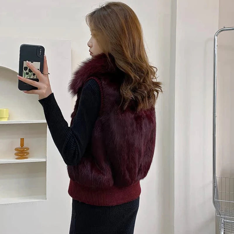 Women's Genuine Real Rabbit Fur Vest Coat Knitting Winter Fox Fur Collar Fur Jacket Casual Short Outwear Slim with Zipper