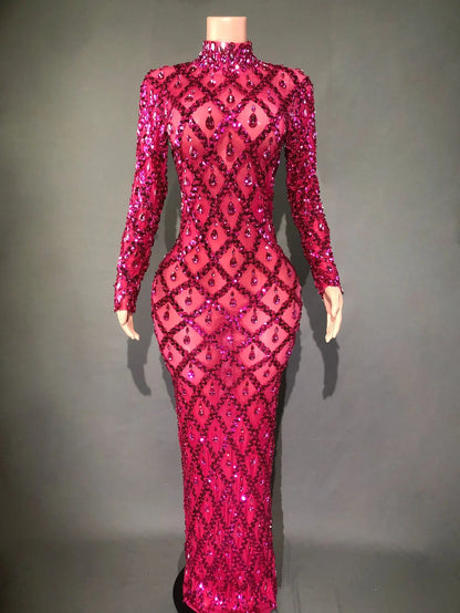 Sparkly Silver Big Rhinestone Transparent Long Dress Evening Birthday Celebrate Luxurious Costume Dancer Flashing Dress