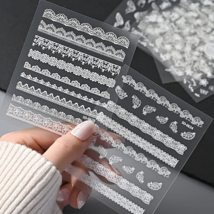 2pcs Y2K White Lace 5D Nail Art Stickers White Embossed Flowers Petals Elegant French Decals Wedding Nails Manicure Decorations*