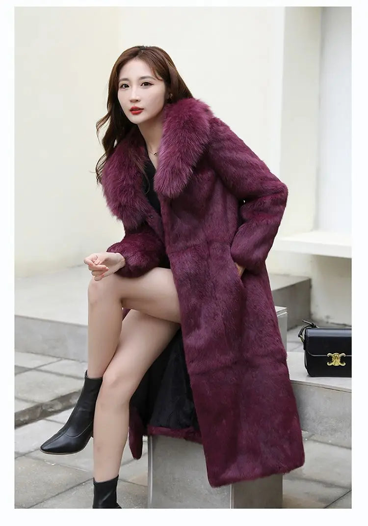 Real Rex Rabbit Fur Coat Women Autumn Winter Long Jacket Thick Warm New Fashion Fox Fur Collar Elegant Female Warm Outerwear
