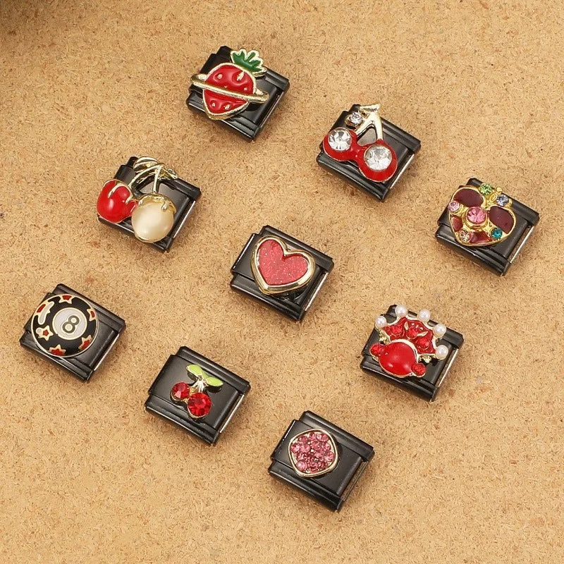 2025 New Original Black Red Stars Love Heart Bows Flower Italian Charm Link Fit 9mm Stainless Steel Jewelry DIY Making Bracelets