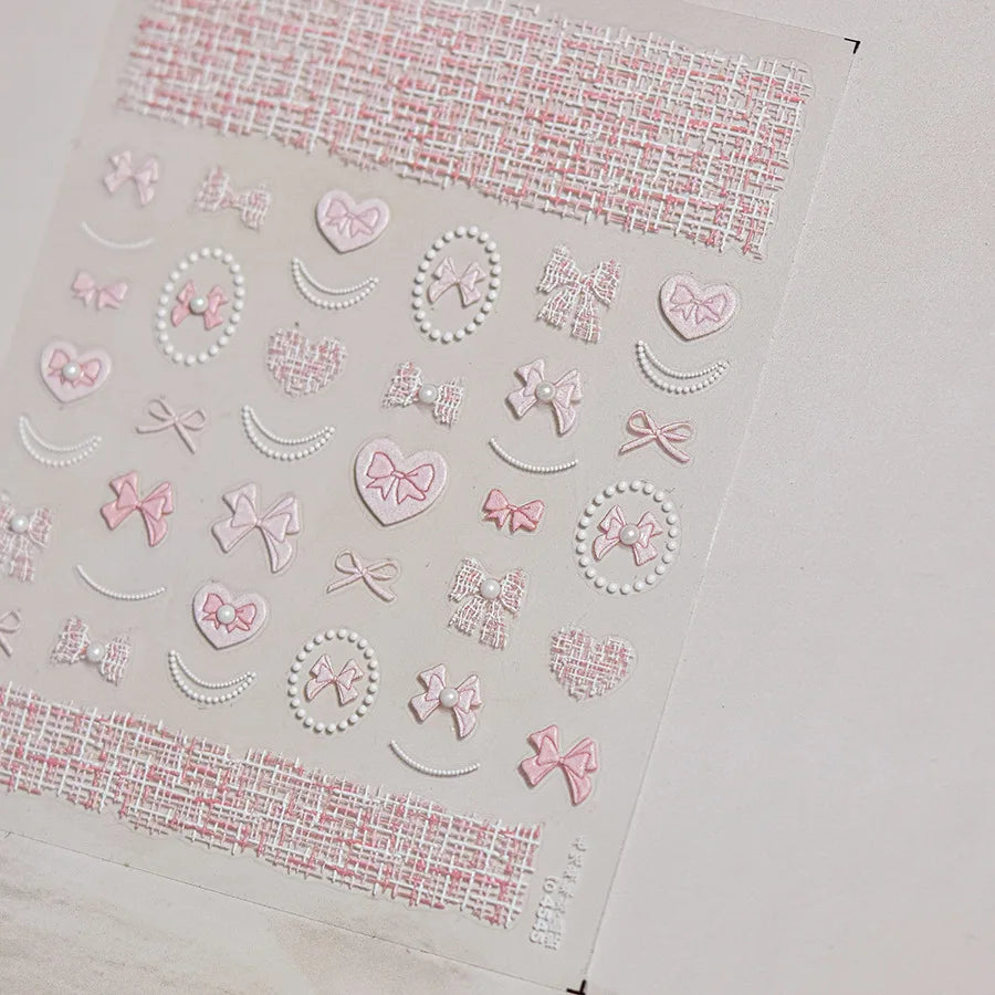Shell Light Nail Stickers Small Fresh White Bow Ribbon Nail Charms Stickers Self Adhesive Nails 3D Decorations Parts DIY Decals