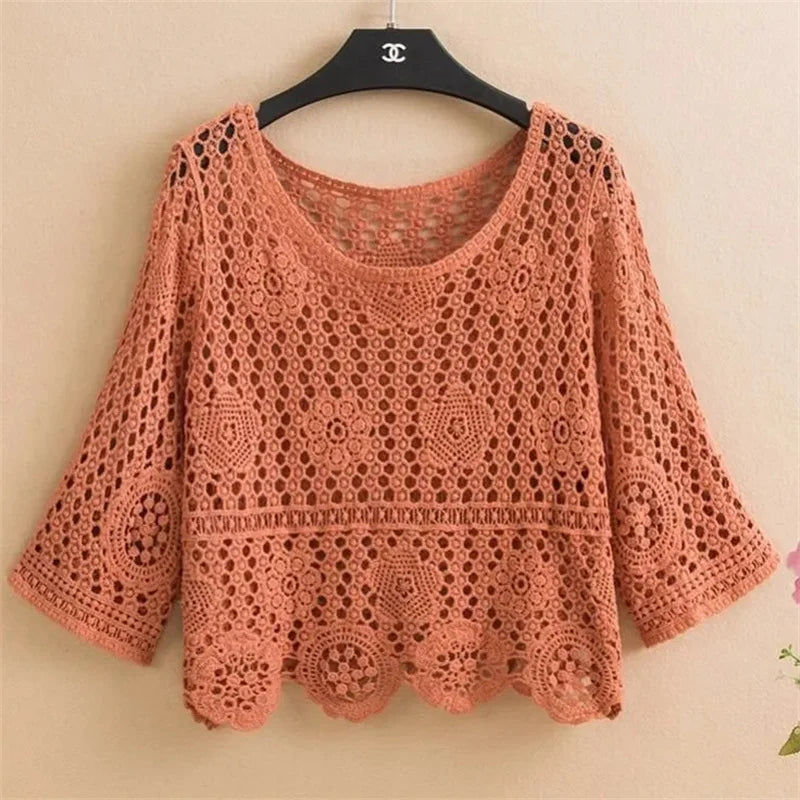 Women's Summer Short Jacket 2025 New Pullover Round Neck Knit Female Sweater Top Loose Fashion Hollowing Out Ladies Lace Tops