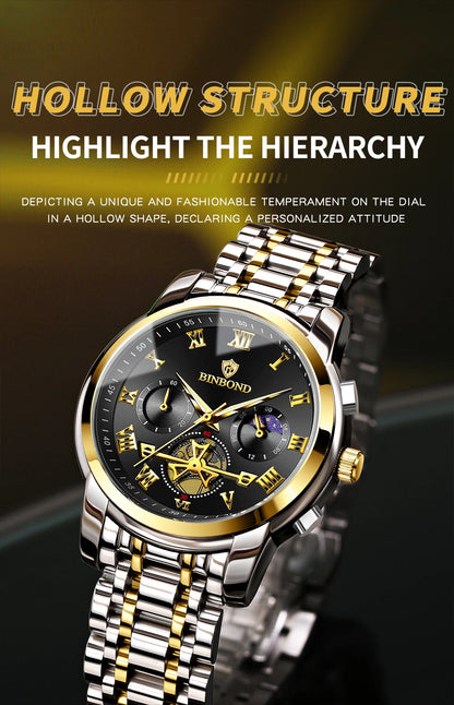 BINBOND Chronograph Men's Watches Accurate Quartz Watch For Men Luxury Luminous Waterproof StopWatch Durable Reloj