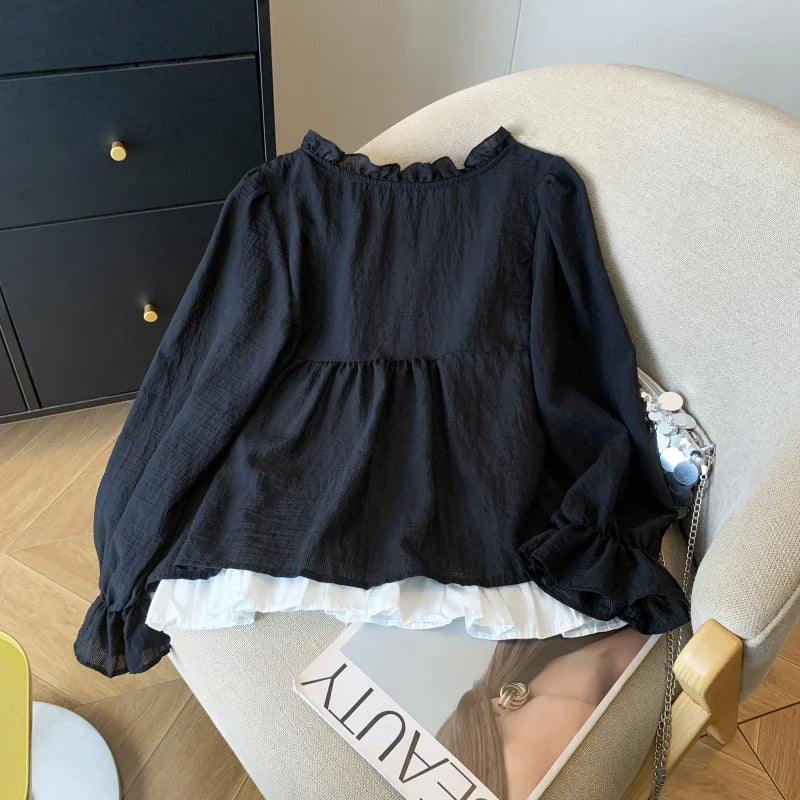 Korean Casual Sweet Fungus Lace Collar Women's Shirt Top Autumn New Women Fashion Fake Two-Piece Lace Up Long Sleeved Shirt