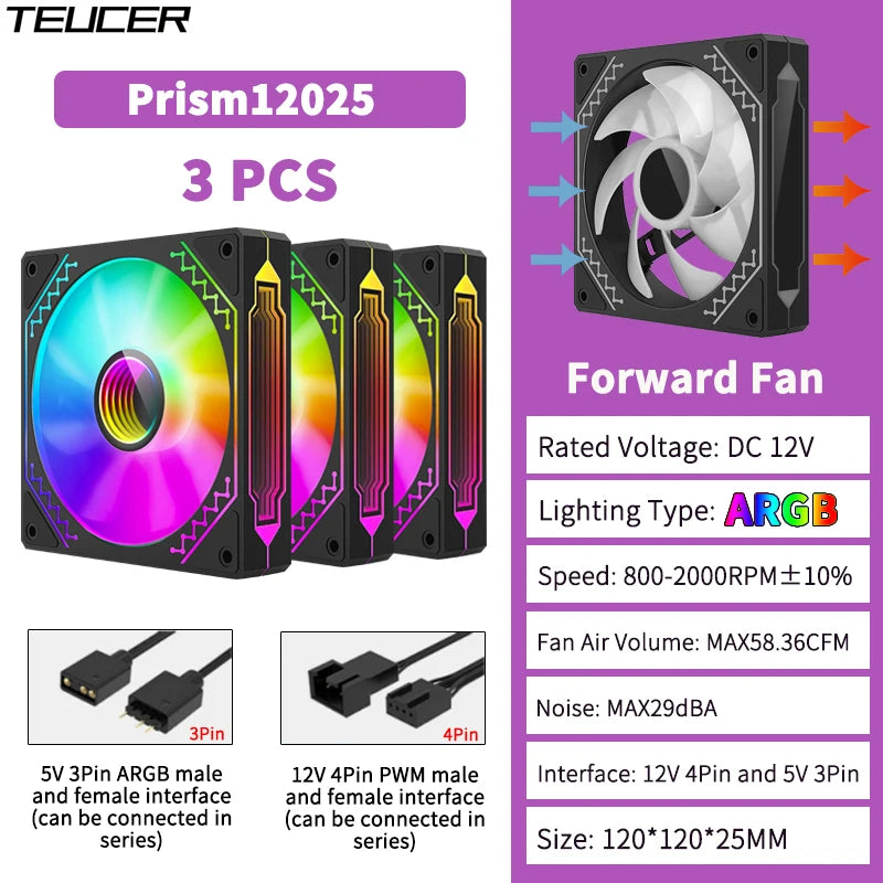 TEUCER Prism12025 PC Case Fan 120mm 5V 3Pin ARGB Cyclic Mirror Light Effect PWM 800 to 2000RPM Cooling Fan 3 Piece Set