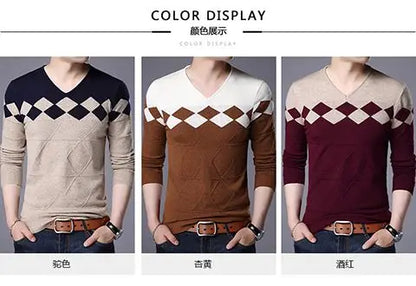 Autumn Winter New Men V-neck Pullover Sweaters Plaid Casual Korean Clothing Tees Fashion Slim Long Sleeve Bottoming Knitted Tops