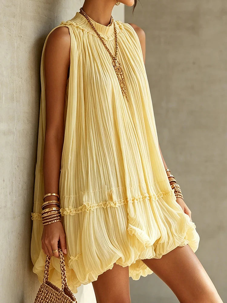 2026 Women Solid O-Neck Princess Party Dress Spring Summer Sexy Sleeveless Ladies Loose Ruched Dresses Streetwear Dropshipping