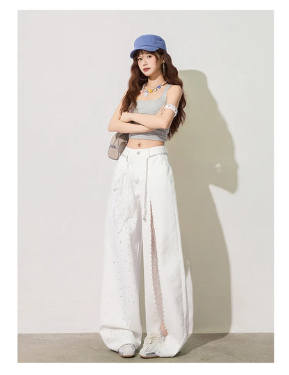 Women Jeans Pants Baggy Jeans Spring Flare Trousers Lace Applique Crystal Wide Leg Pearl Slit Distressed Design