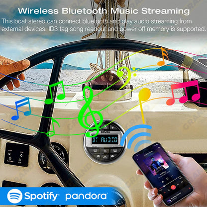 GRANDnavi Waterproof Bluetooth Marine Stereo Radio FM/AM Digital Media Audio Player for Boat Yacht ATV UTV Cart Motorcycle
